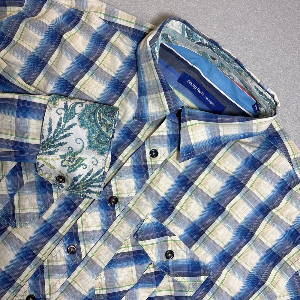 Georg Roth Los Angeles Mens Size XXL‎ Blue Plaid Button Up Flip Cuff Designer
